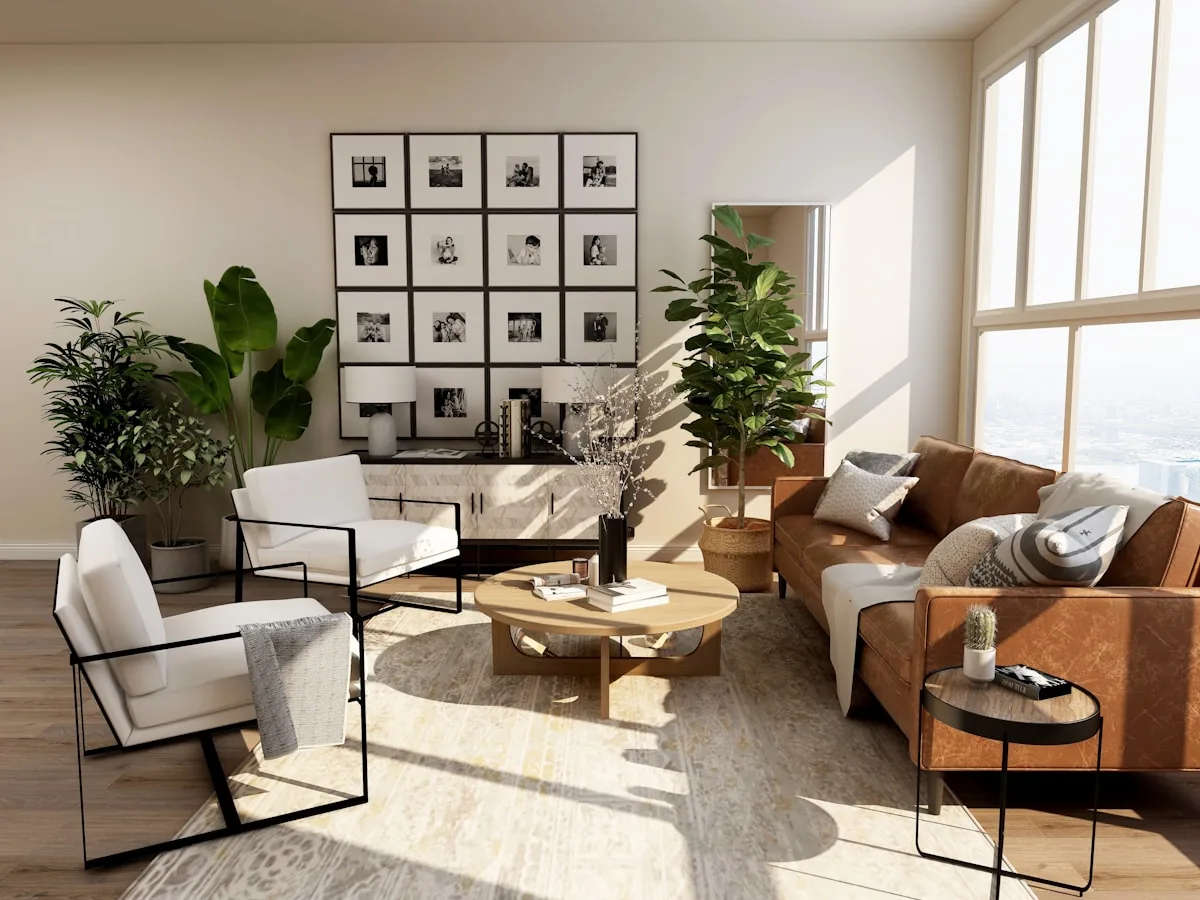Sunlit clean living room with sofas, plants, and clear floors